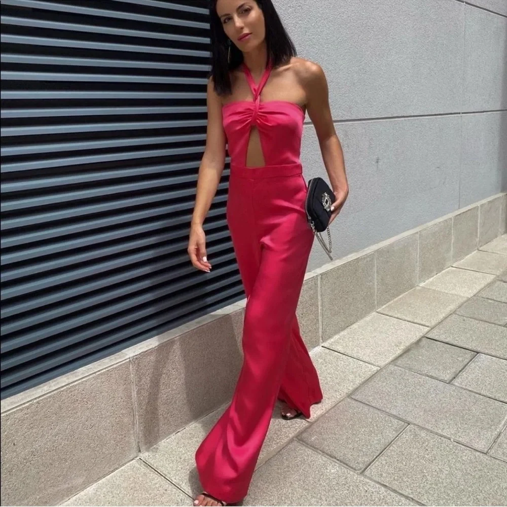 Zara Satin Halter Wide-Leg Jumpsuit in Hot Pink